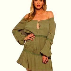 Off Shoulder Long Sleeve Cottagecore Ruffle Above Knee Dress